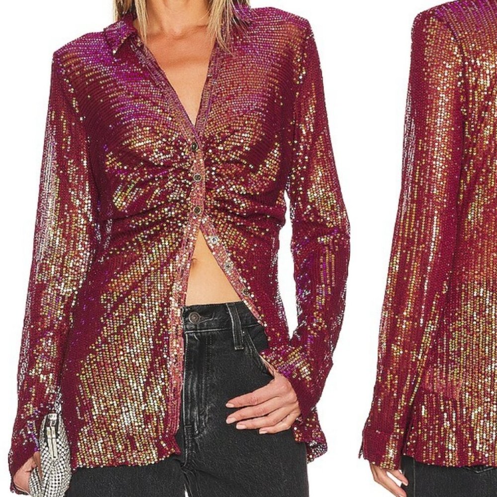 NWT Free People Sequin Shirtee Top in Dark Rhubarb